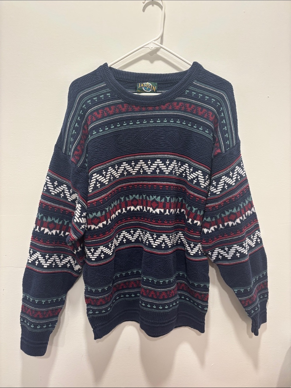 Jantzen Mens vintage Navy Crewneck Sweater Fair Isle Pattern XL